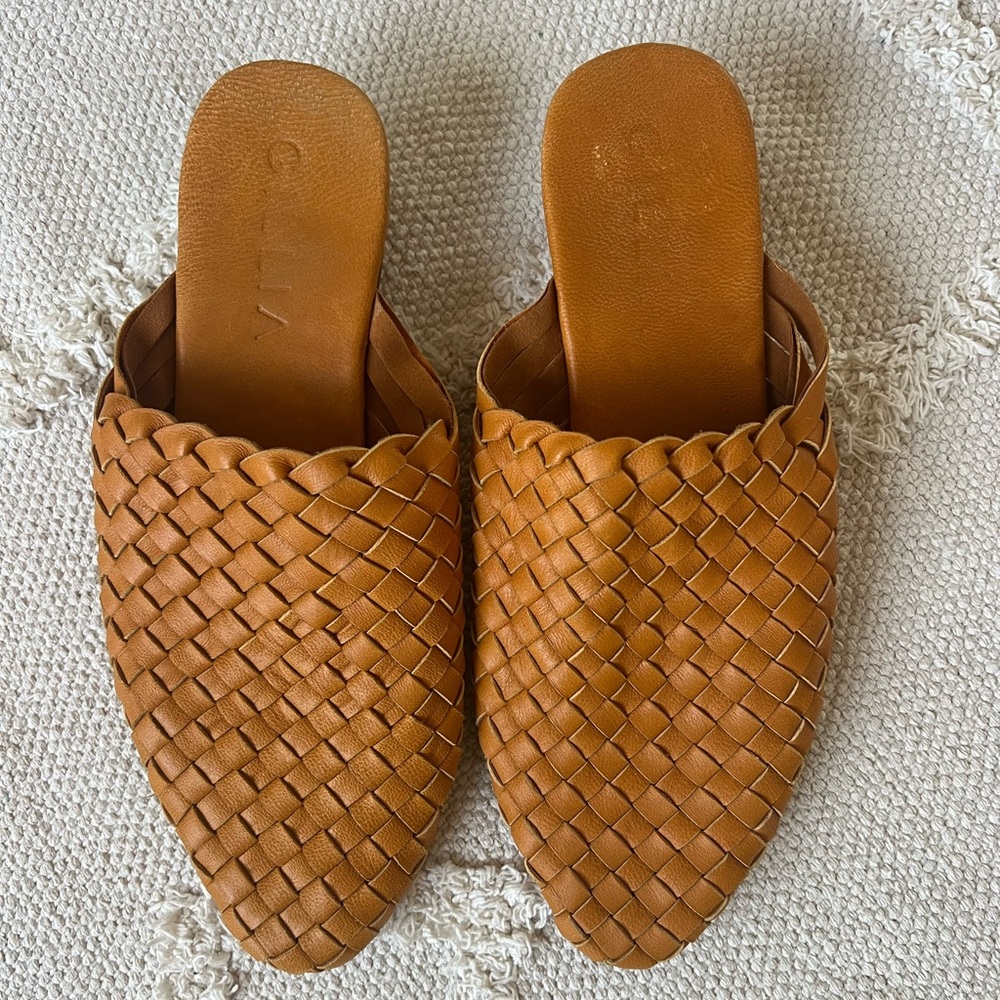 Gillia Woven Leather Mule Slides in Cognac Brown